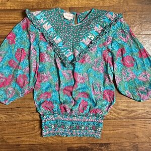 Susan Freis • Vintage • Large •  Turquoise W/ Multi-Colors Floral Boho Blouse